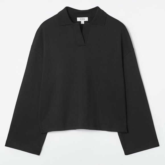 COS Jersey Rugby Shirt Top XS Black Collar V Neck Wide Long Sleeves Minimalist - Picture 2 of 16
